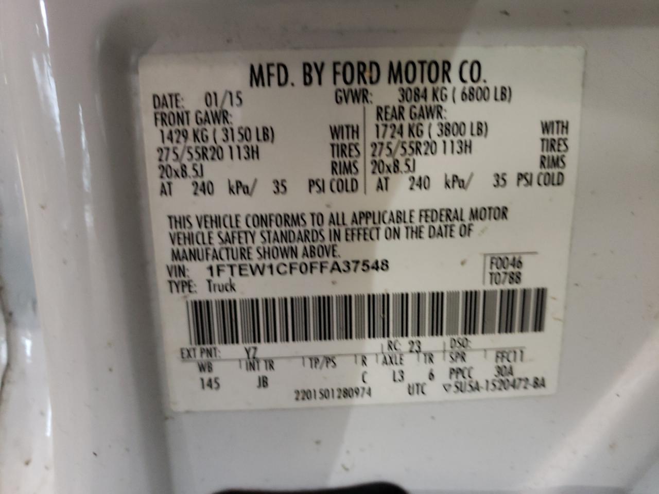 Photo 10 from auction – 2015 FORD F150 SUPER with VIN 1FTEW1CF0FFA37548