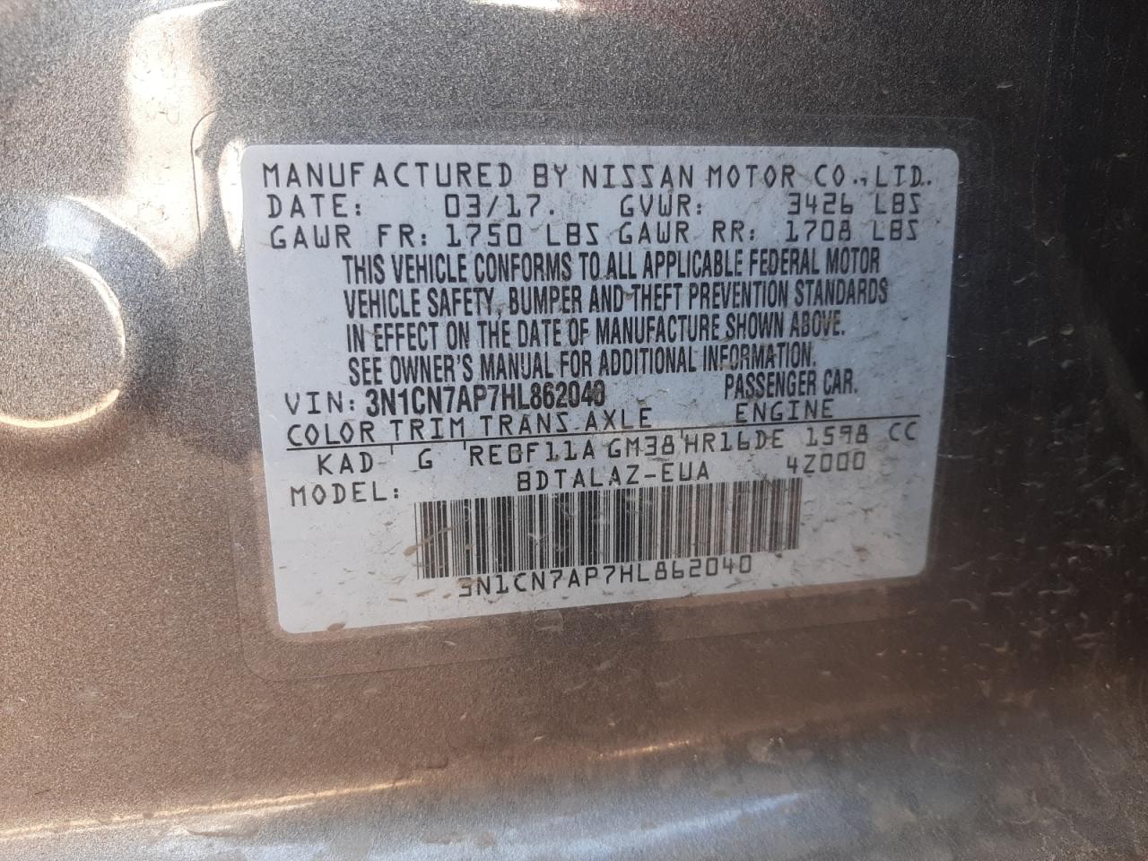 Photo 10 from auction – 2017 NISSAN VERSA S with VIN 3N1CN7AP7HL862040