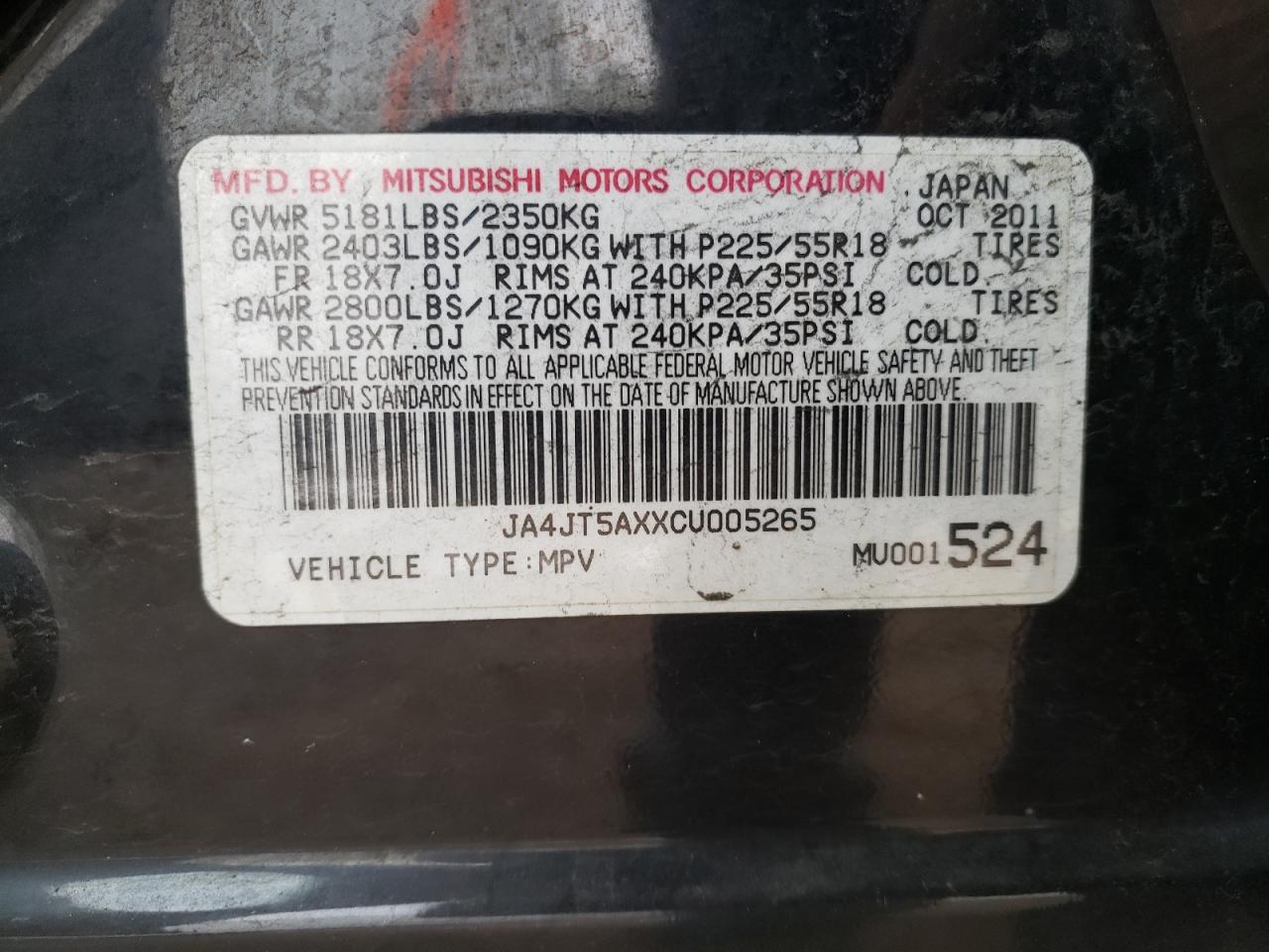 Photo 10 from auction – 2012 MITSUBISHI OUTLANDER with VIN JA4JT5AXXCU005265