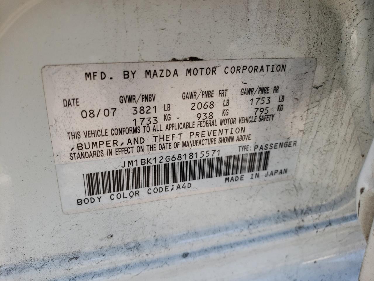 Photo 10 from auction – 2008 MAZDA 3 I with VIN JM1BK12G681815571
