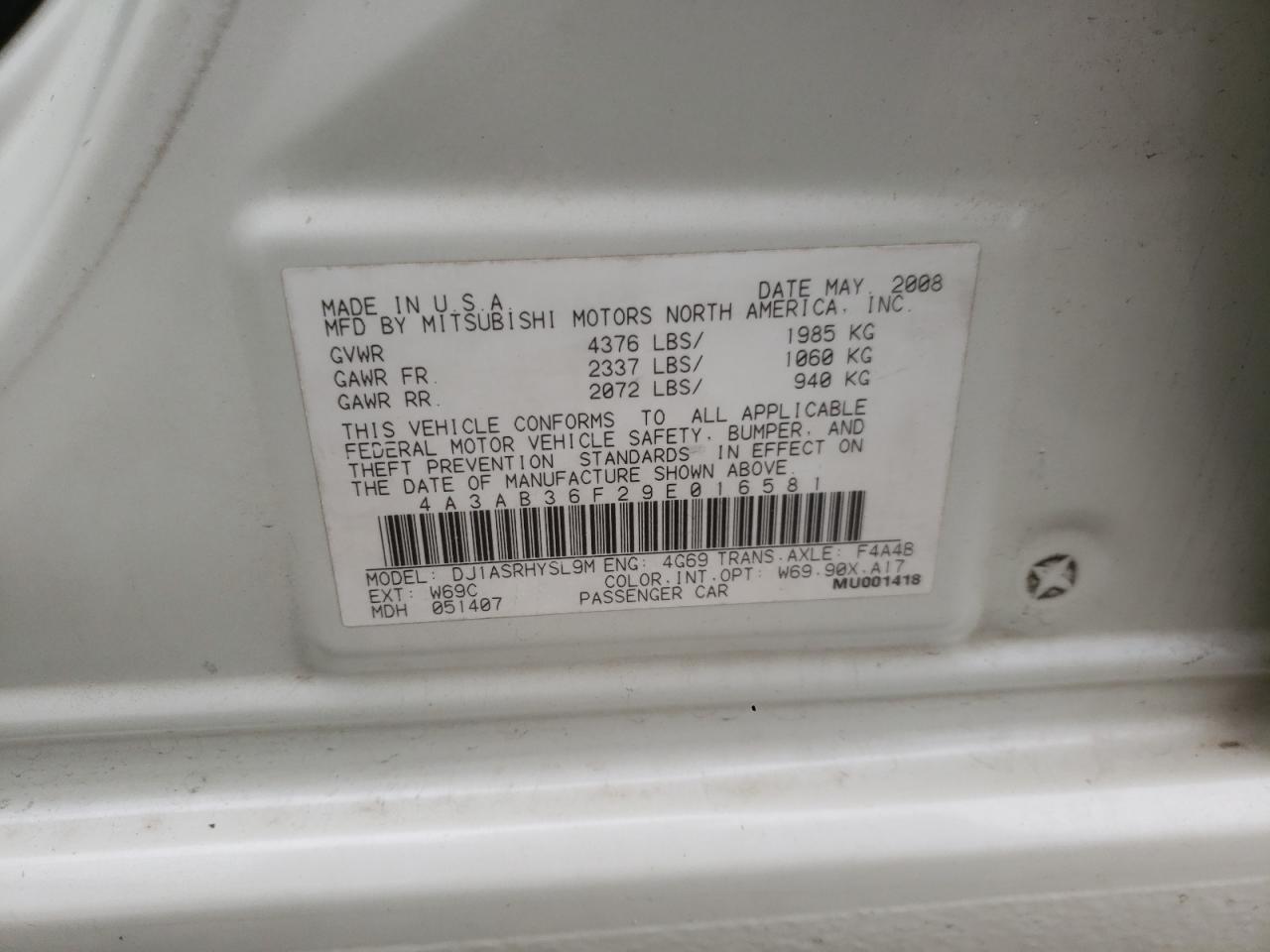 Photo 10 from auction – 2009 MITSUBISHI GALANT ES with VIN 4A3AB36F29E016581