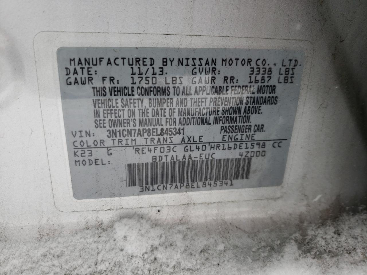 Photo 10 from auction – 2014 NISSAN VERSA S with VIN 3N1CN7AP8EL845341