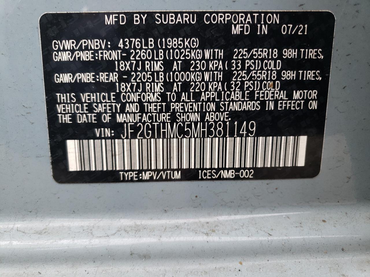 Photo 10 from auction – 2021 SUBARU CROSSTREK with VIN JF2GTHMC5MH381149