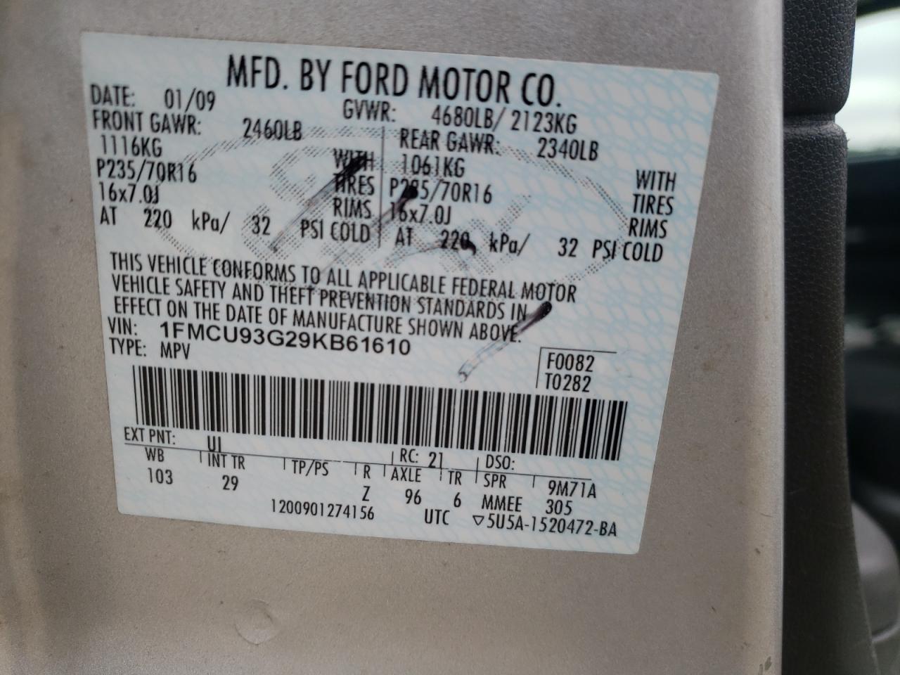 Photo 10 from auction – 2009 FORD ESCAPE with VIN 1FMCU93G29KB61610