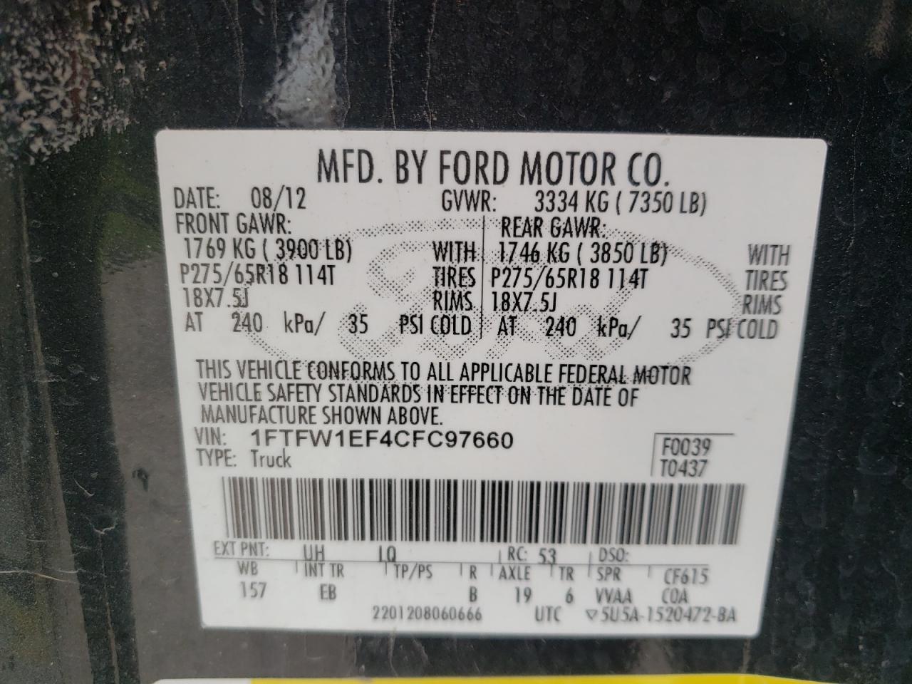 Photo 10 from auction – 2012 FORD F150 SUPER with VIN 1FTFW1EF4CFC97660