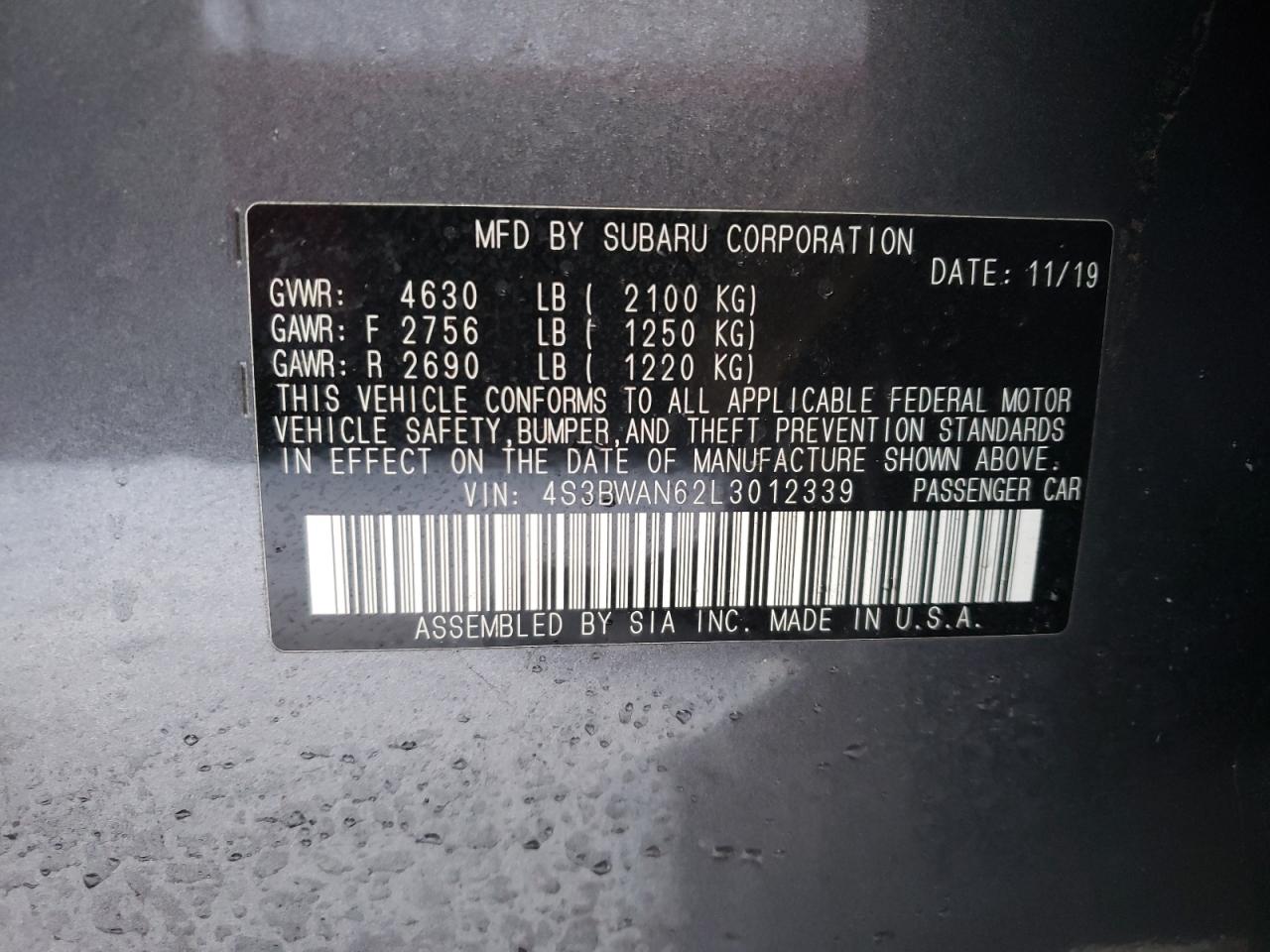 Photo 10 from auction – 2020 SUBARU LEGACY LIM with VIN 4S3BWAN62L3012339