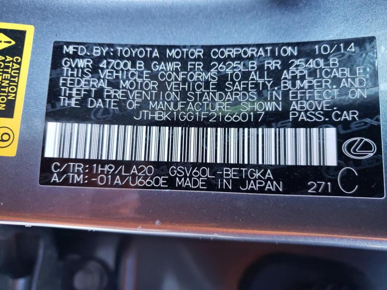 Photo 10 from auction – 2015 LEXUS ES 350 with VIN JTHBK1GG1F2166017