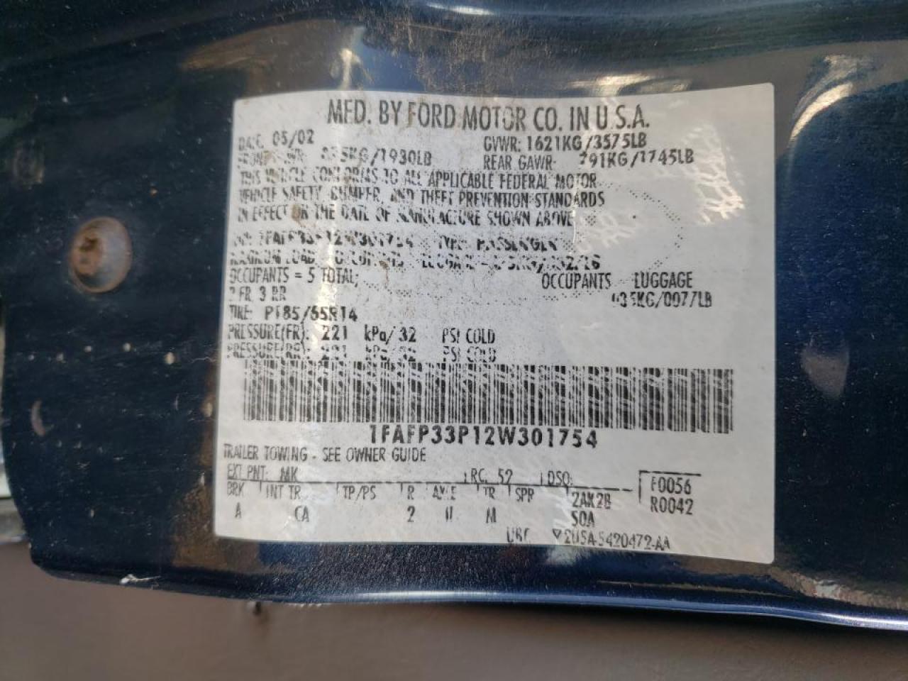 Photo 10 from auction – 2002 FORD FOCUS with VIN 1FAFP33P12W301754