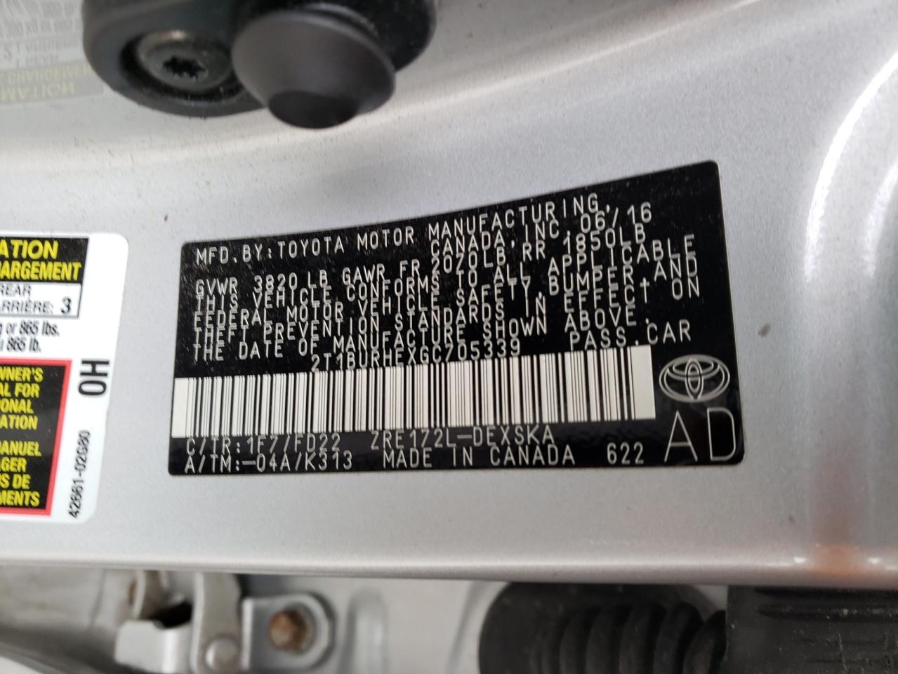 Photo 10 from auction – 2016 TOYOTA COROLLA L with VIN 2T1BURHEXGC705339