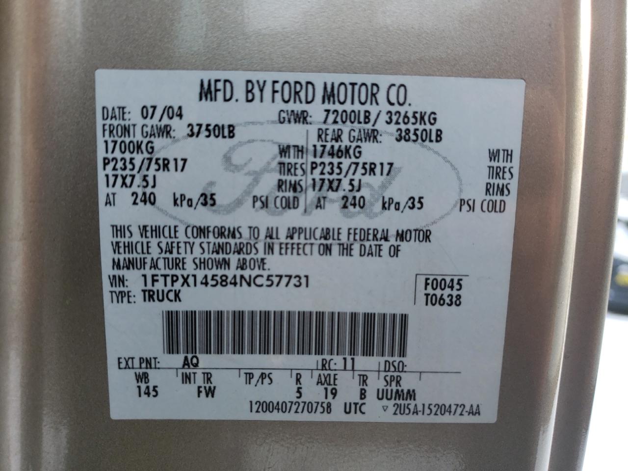 Photo 10 from auction – 2004 FORD F150 with VIN 1FTPX14584NC57731