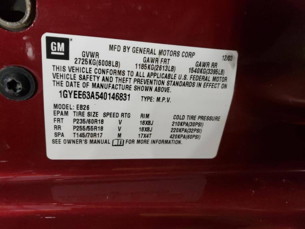 Photo 10 from auction – 2004 CADILLAC SRX with VIN 1GYEE63A540146831