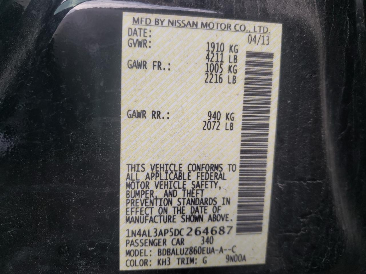 Photo 10 from auction – 2013 NISSAN ALTIMA 2.5 with VIN 1N4AL3AP5DC264687