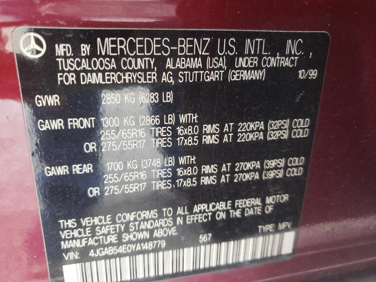Photo 10 from auction – 2000 MERCEDES-BENZ ML 320 with VIN 4JGAB54E0YA148779