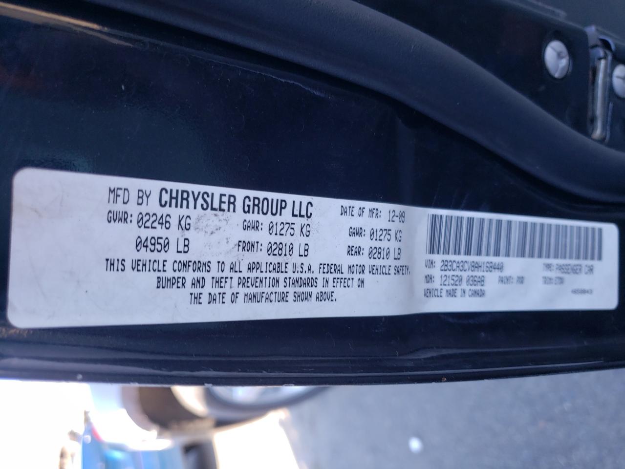 Photo 10 from auction – 2010 DODGE CHARGER with VIN 2B3CA3CV8AH168440