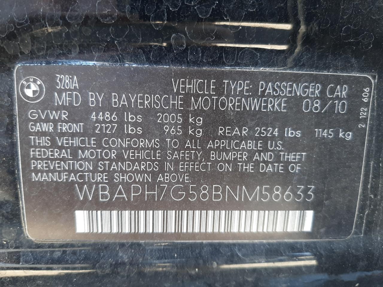 Photo 10 from auction – 2011 BMW 328 I with VIN WBAPH7G58BNM58633