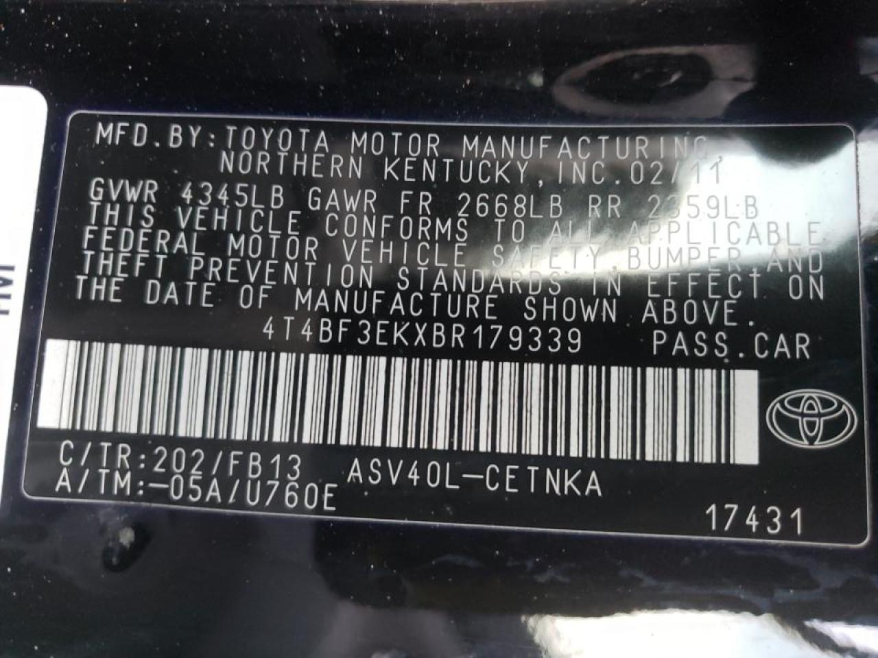Photo 10 from auction – 2011 TOYOTA CAMRY BASE with VIN 4T4BF3EKXBR179339