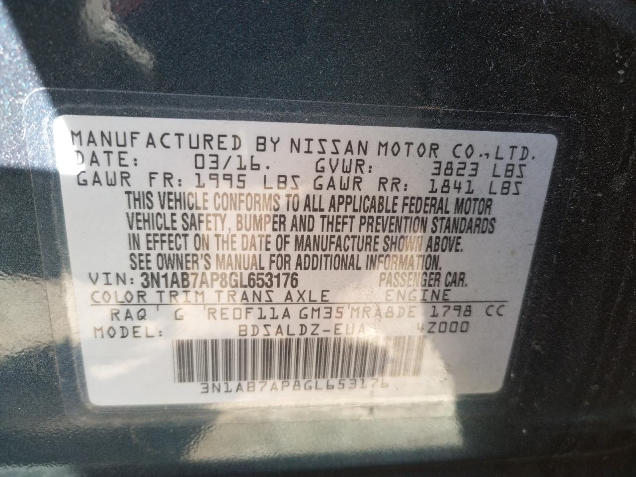 Photo 10 from auction – 2016 NISSAN SENTRA S with VIN 3N1AB7AP8GL653176