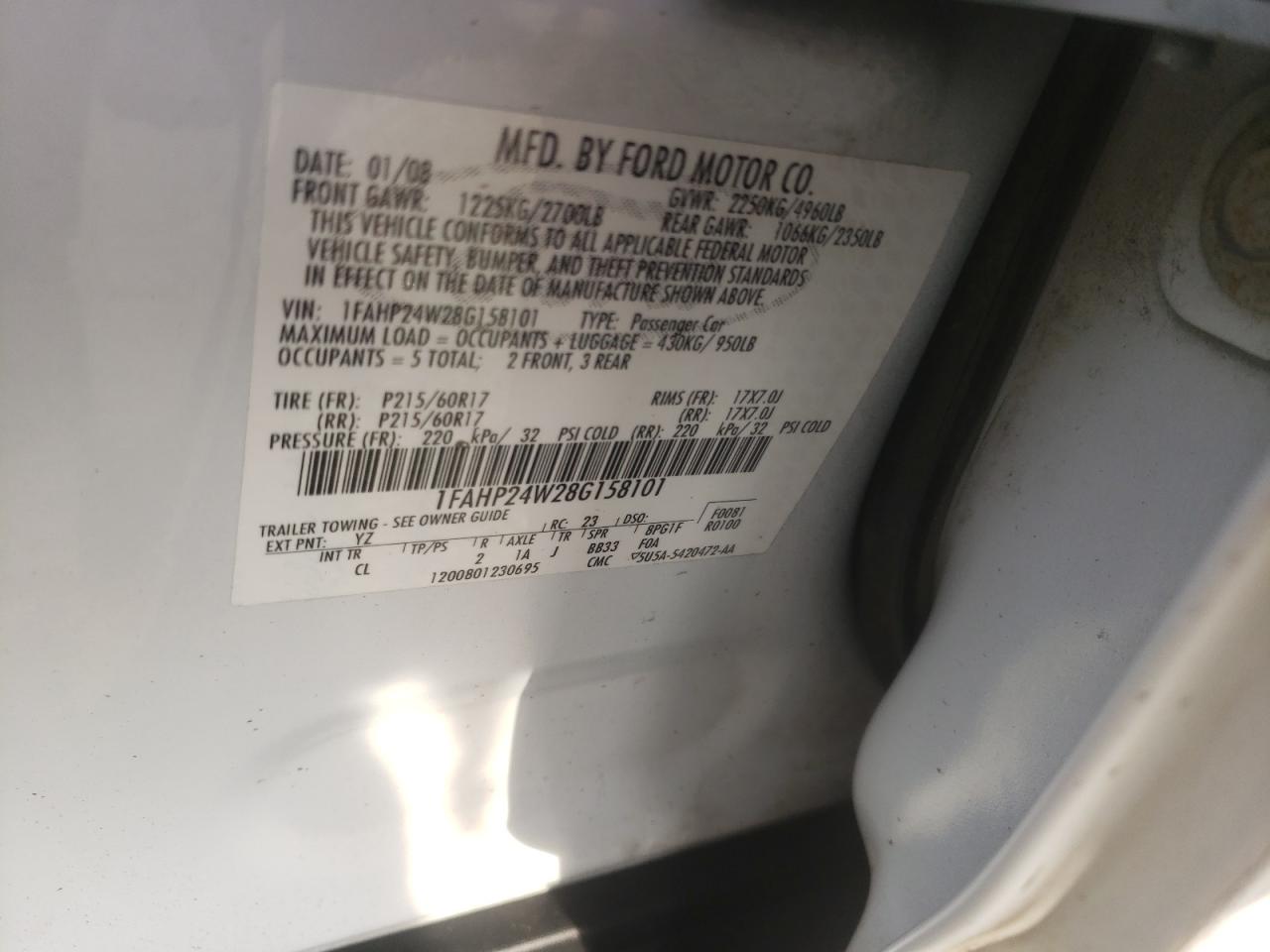 Photo 10 from auction – 2008 FORD TAURUS SEL with VIN 1FAHP24W28G158101