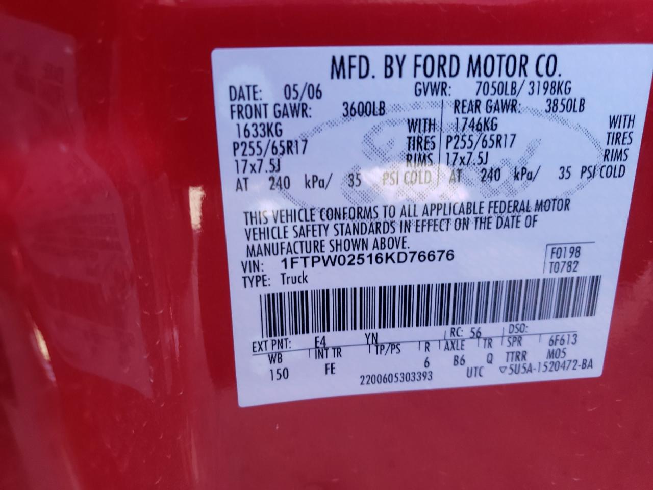 Photo 10 from auction – 2006 FORD F150 with VIN 1FTPW02516KD76676