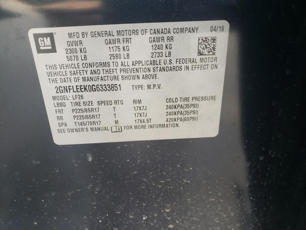 Photo 10 from auction – 2016 CHEVROLET EQUINOX LS with VIN 2GNFLEEK0G6333851