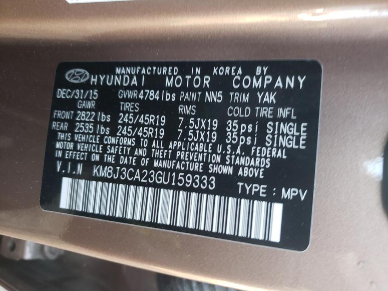 Photo 10 from auction – 2016 HYUNDAI TUCSON LIM with VIN KM8J3CA23GU159333