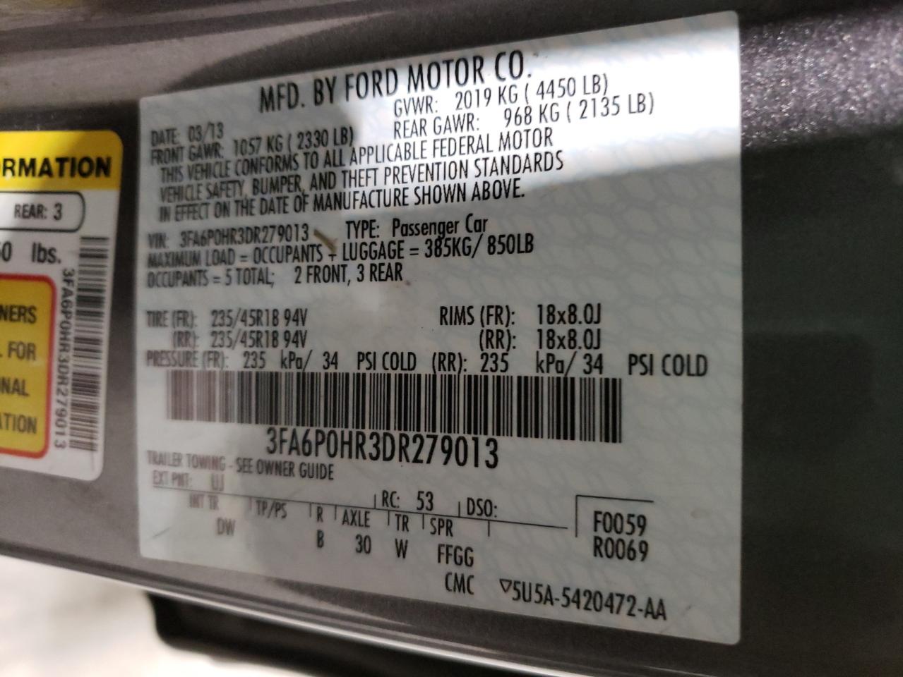 Photo 10 from auction – 2013 FORD FUSION SE with VIN 3FA6P0HR3DR279013