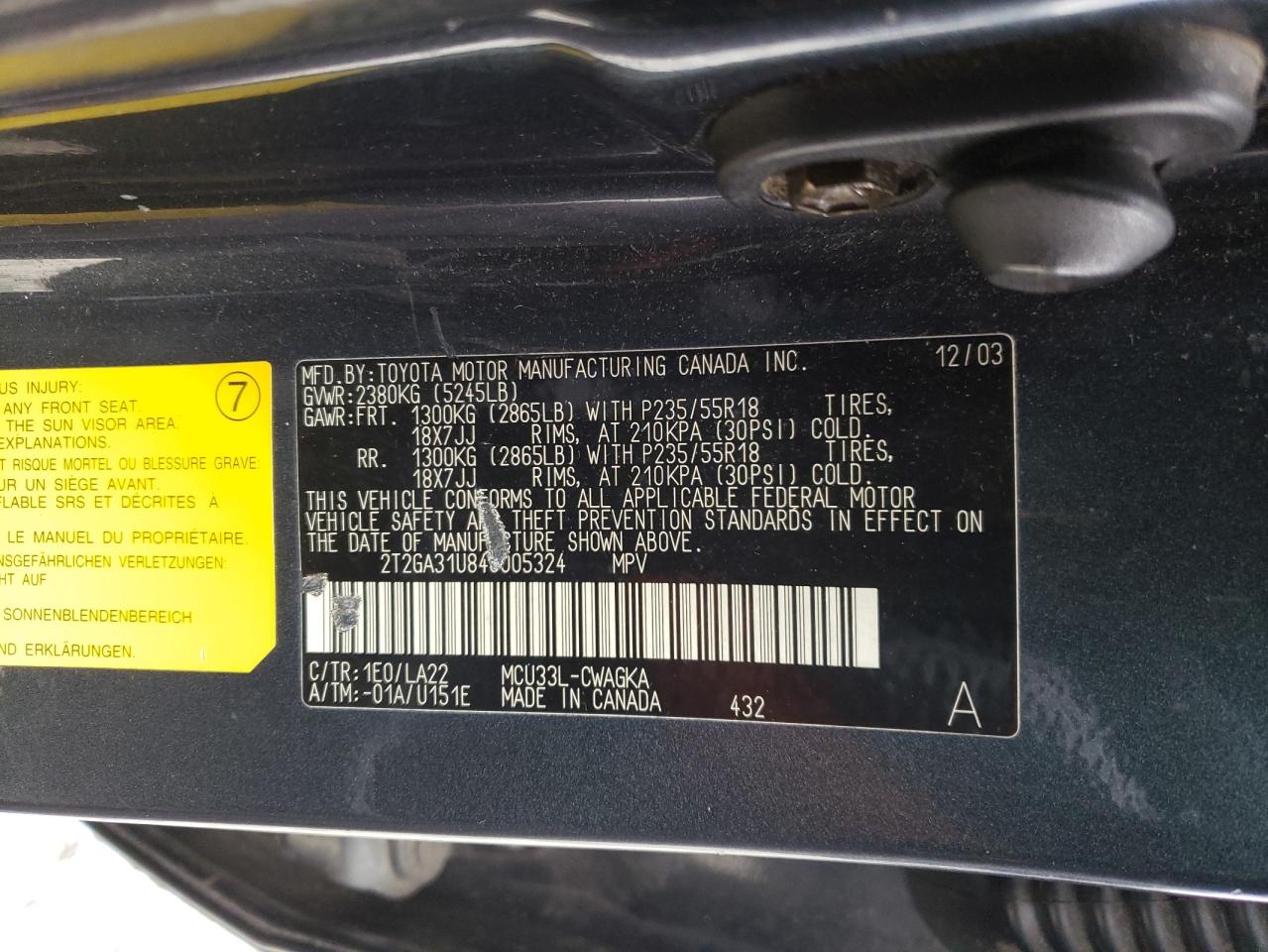 Photo 10 from auction – 2004 LEXUS RX 330 with VIN 2T2GA31U84C005324