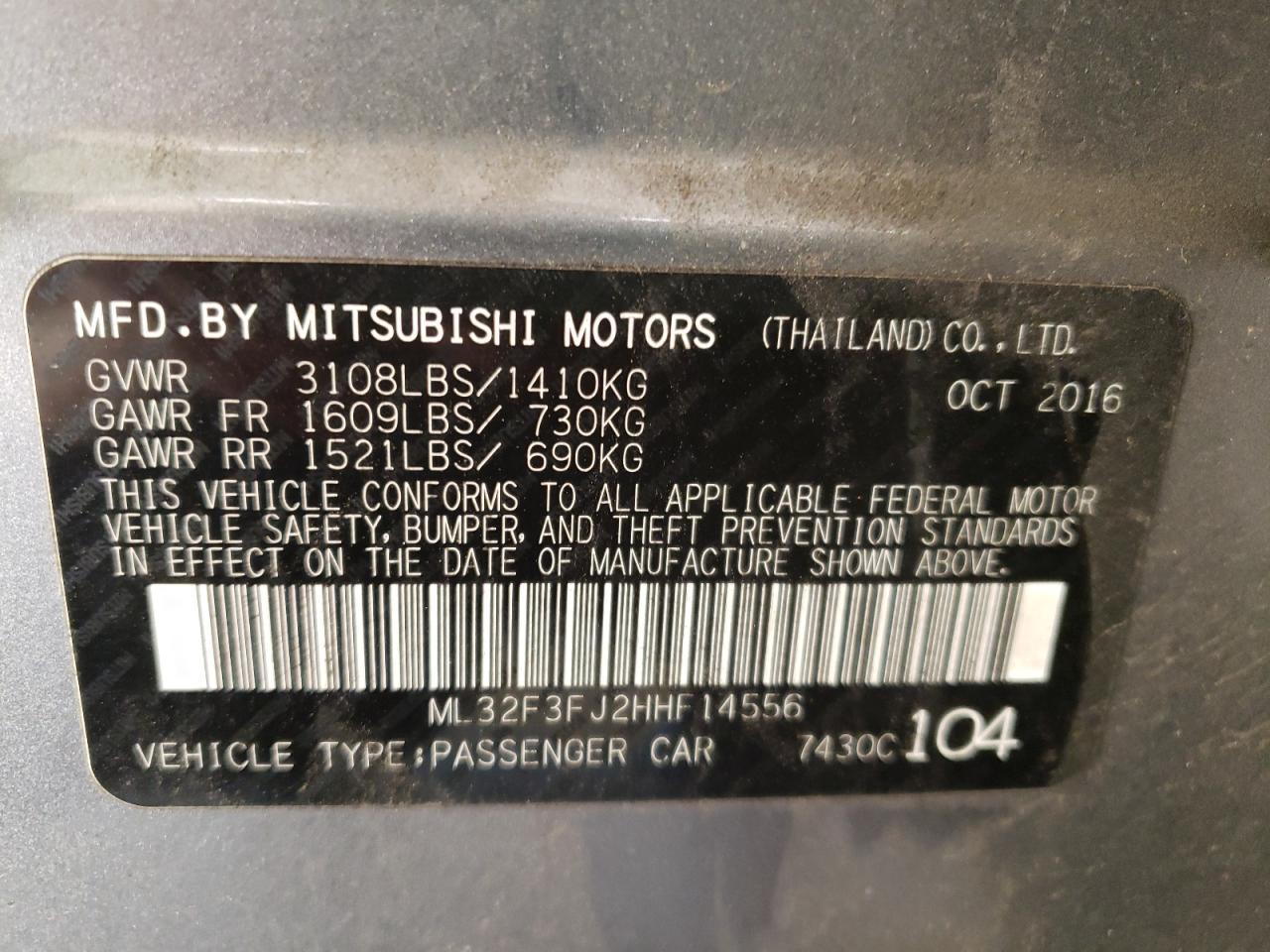 Photo 10 from auction – 2017 MITSUBISHI MIRAGE G4 with VIN ML32F3FJ2HHF14556