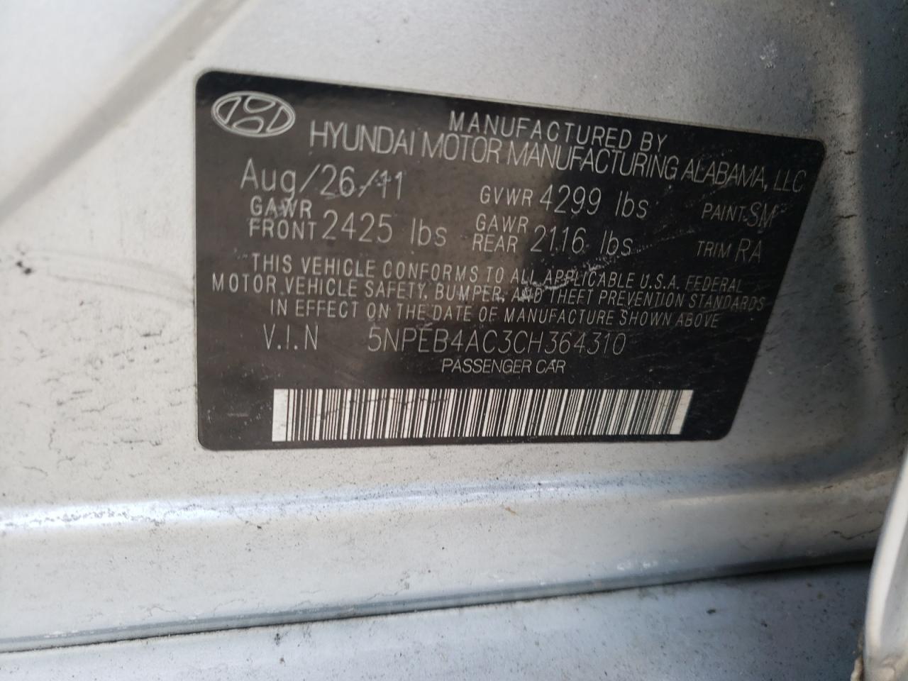 Photo 10 from auction – 2012 HYUNDAI SONATA GLS with VIN 5NPEB4AC3CH364310