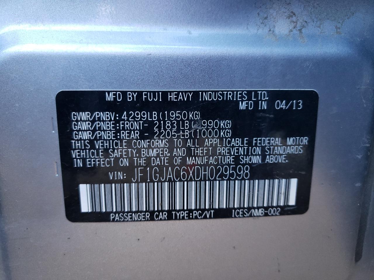 Photo 10 from auction – 2013 SUBARU IMPREZA PR with VIN JF1GJAC6XDH029598
