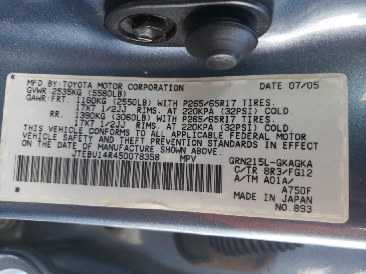 Photo 10 from auction – 2005 TOYOTA 4RUNNER SR with VIN JTEBU14R450078358