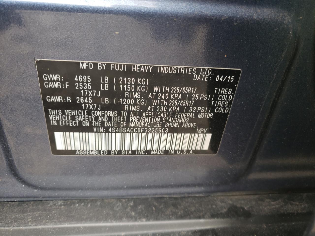 Photo 10 from auction – 2015 SUBARU OUTBACK 2. with VIN 4S4BSACC6F3325608