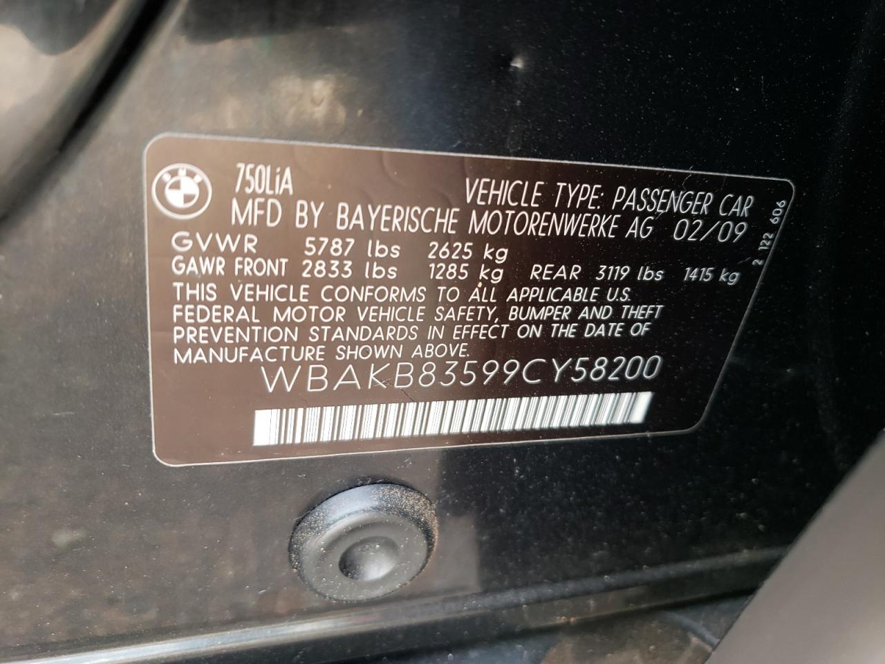 Photo 10 from auction – 2009 BMW 750 LI with VIN WBAKB83599CY58200