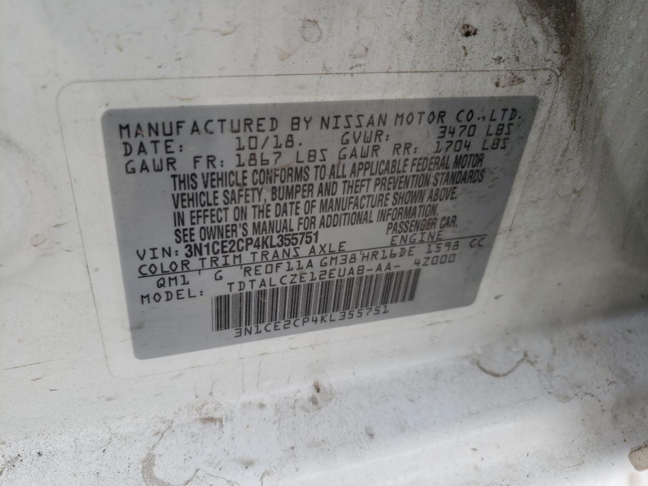 Photo 10 from auction – 2019 NISSAN VERSA NOTE with VIN 3N1CE2CP4KL355751