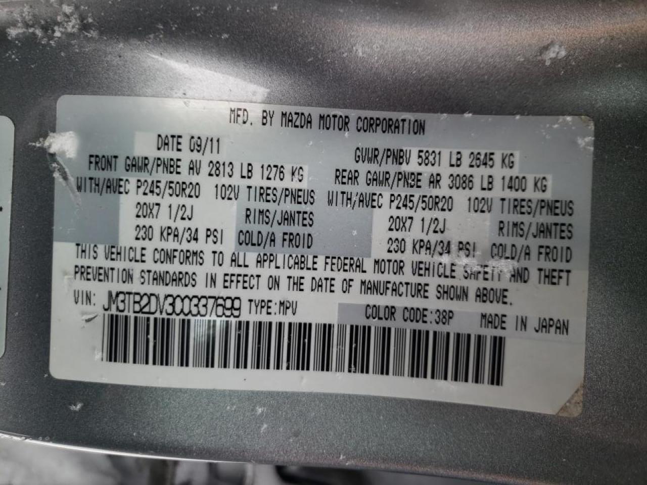 Photo 10 from auction – 2012 MAZDA CX-9 with VIN JM3TB2DV3C0337699