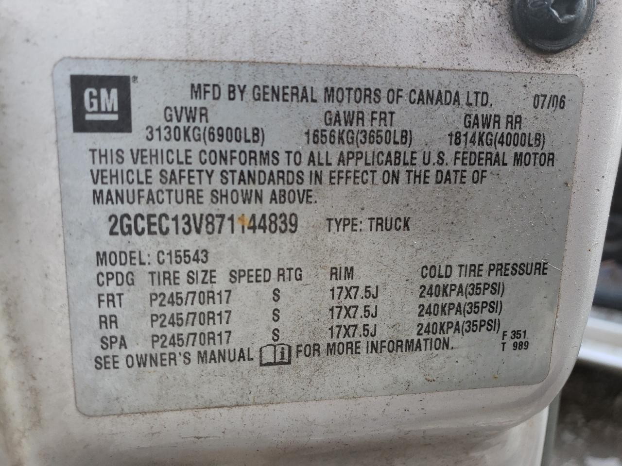 Photo 10 from auction – 2007 CHEVROLET SILVERADO with VIN 2GCEC13V871144839