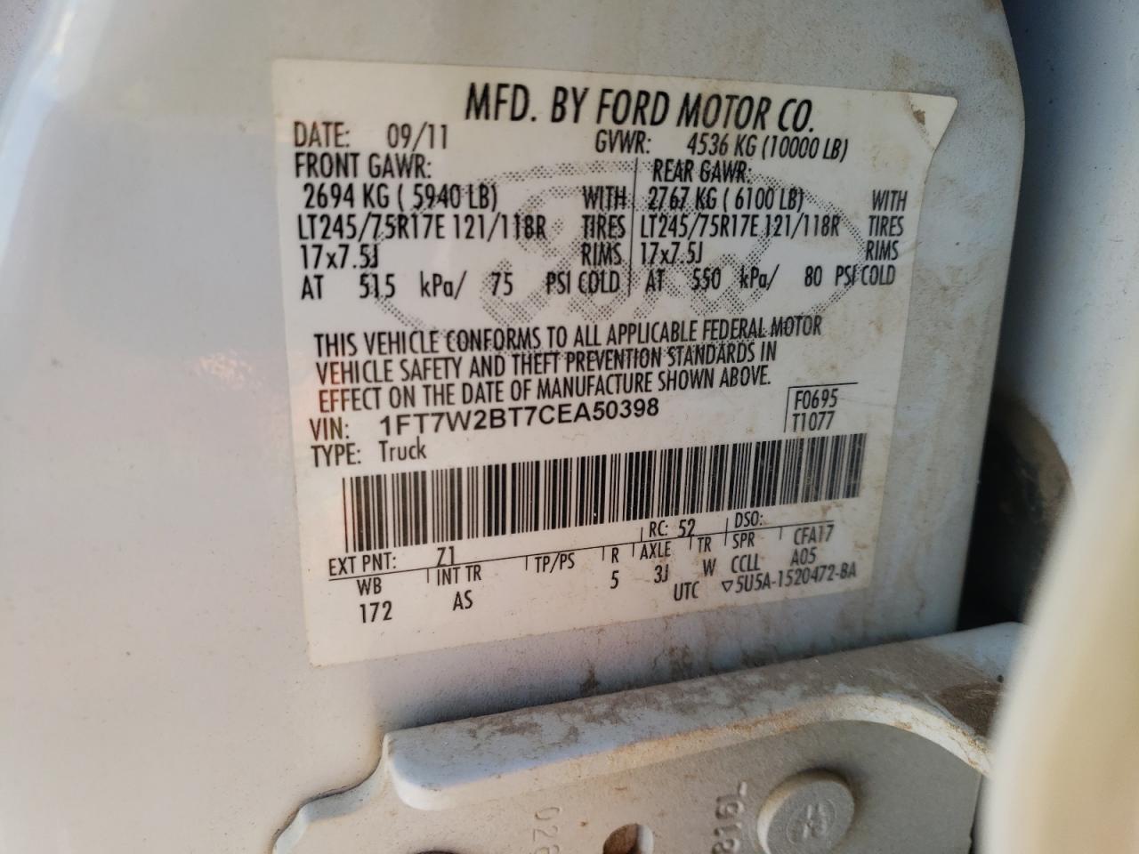 Photo 10 from auction – 2012 FORD F250 SUPER with VIN 1FT7W2BT7CEA50398