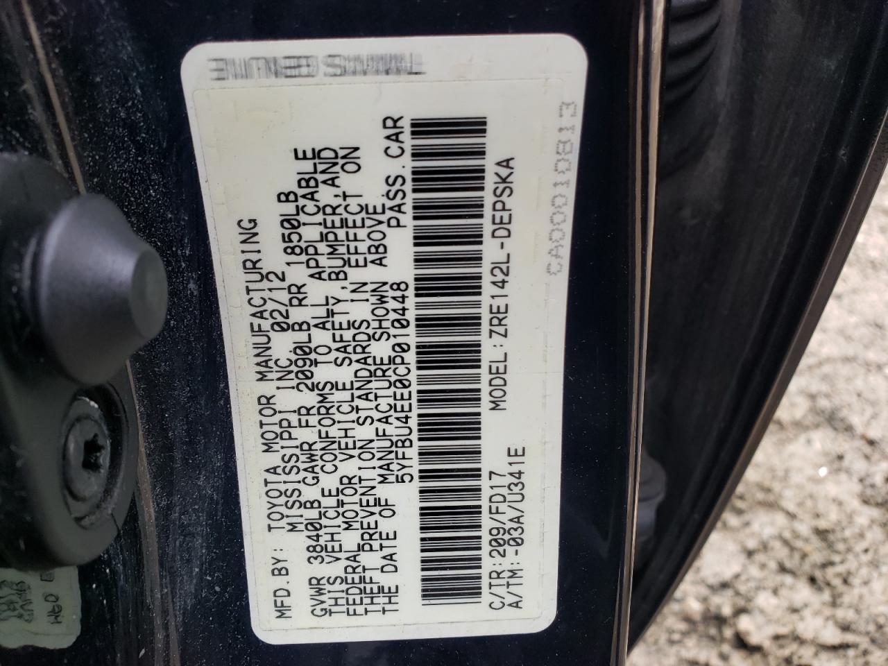 Photo 10 from auction – 2012 TOYOTA COROLLA BA with VIN 5YFBU4EE0CP010448