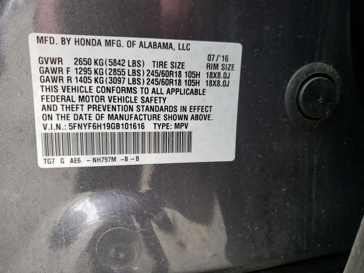 Photo 10 from auction – 2016 HONDA PILOT LX with VIN 5FNYF6H19GB101616