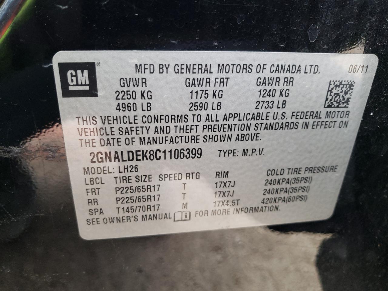 Photo 10 from auction – 2012 CHEVROLET EQUINOX LT with VIN 2GNALDEK8C1106399
