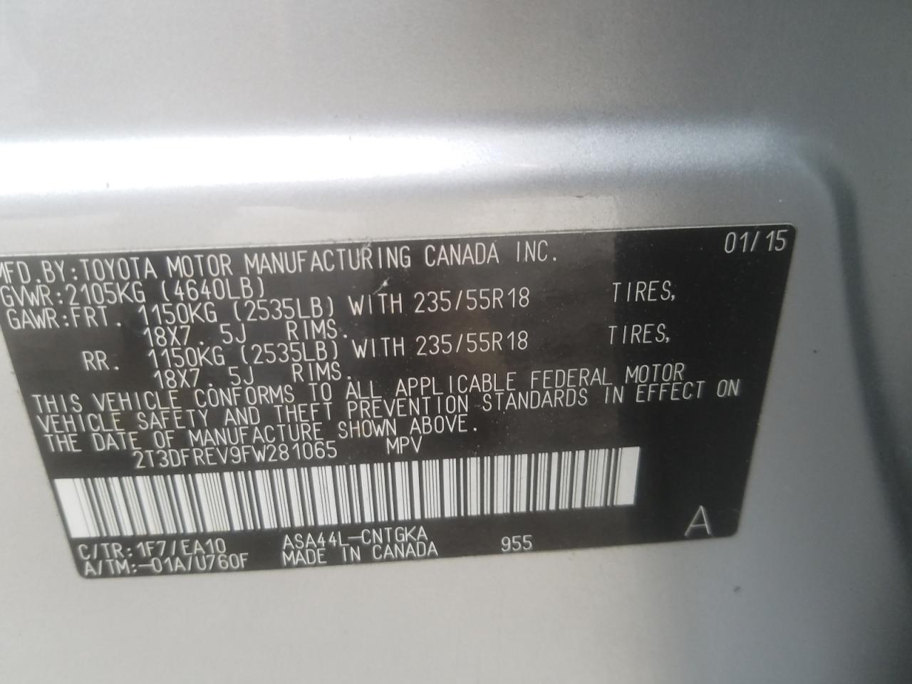 Photo 10 from auction – 2015 TOYOTA RAV4 LIMIT with VIN 2T3DFREV9FW281065