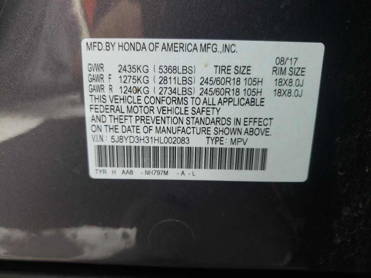 Photo 10 from auction – 2017 ACURA MDX with VIN 5J8YD3H31HL002083