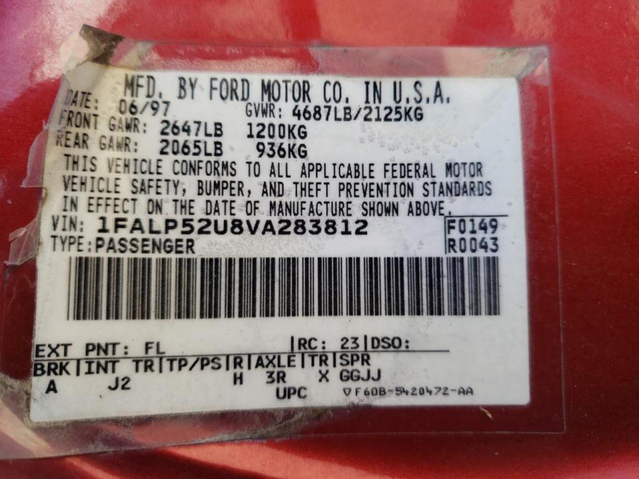 Photo 10 from auction – 1997 FORD TAURUS with VIN 1FALP52U8VA283812