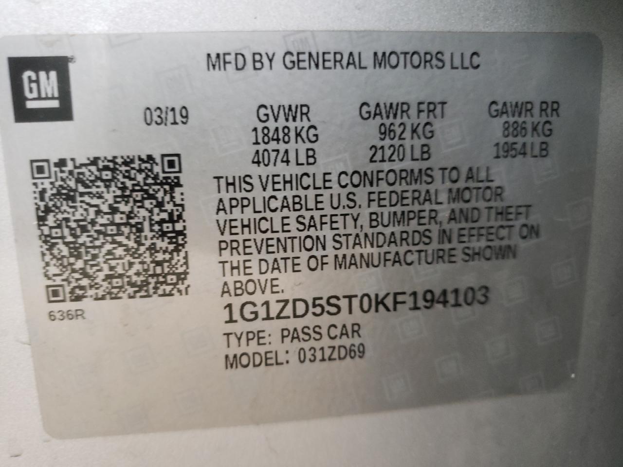 Photo 10 from auction – 2019 CHEVROLET MALIBU LT with VIN 1G1ZD5ST0KF194103