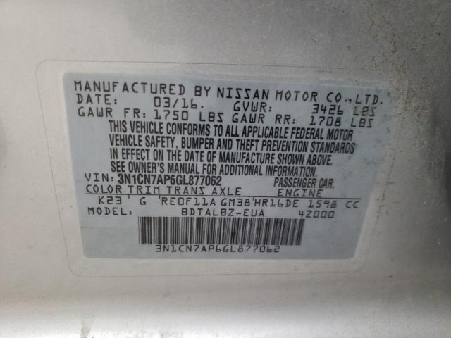 Photo 10 from auction – 2016 NISSAN VERSA S with VIN 3N1CN7AP6GL877062
