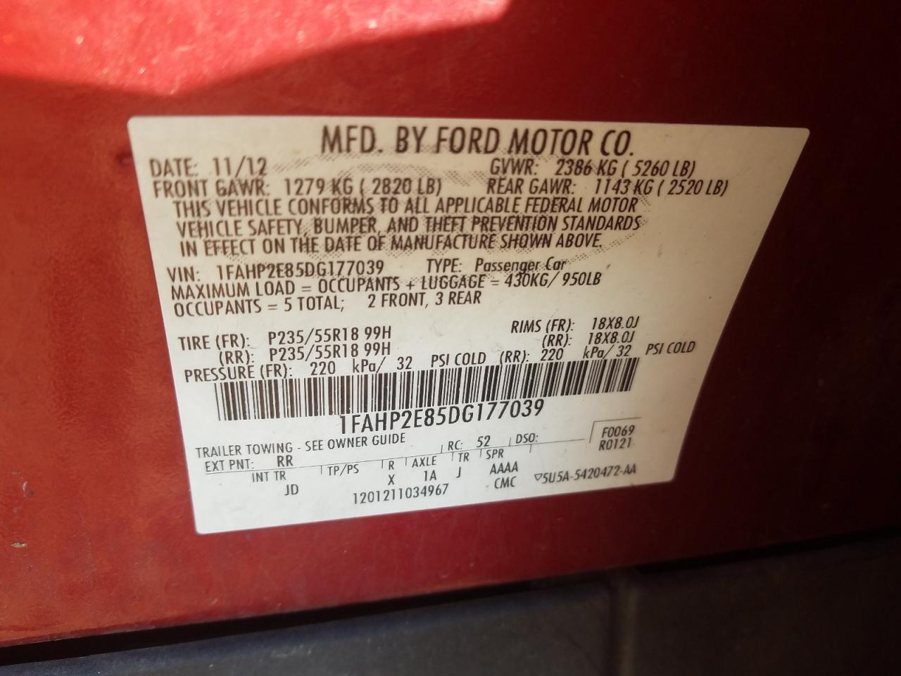 Photo 10 from auction – 2013 FORD TAURUS SEL with VIN 1FAHP2E85DG177039