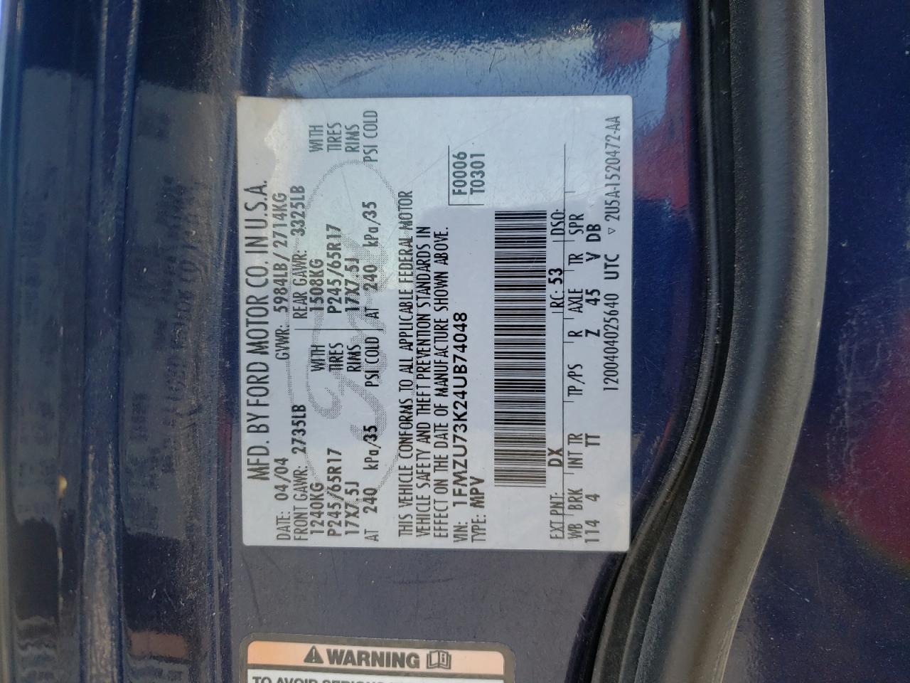 Photo 10 from auction – 2004 FORD EXPLORER X with VIN 1FMZU73K24UB74048