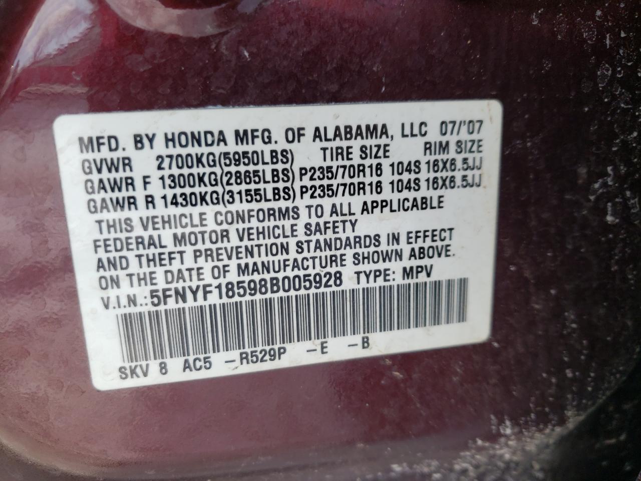 Photo 10 from auction – 2008 HONDA PILOT EXL with VIN 5FNYF18598B005928