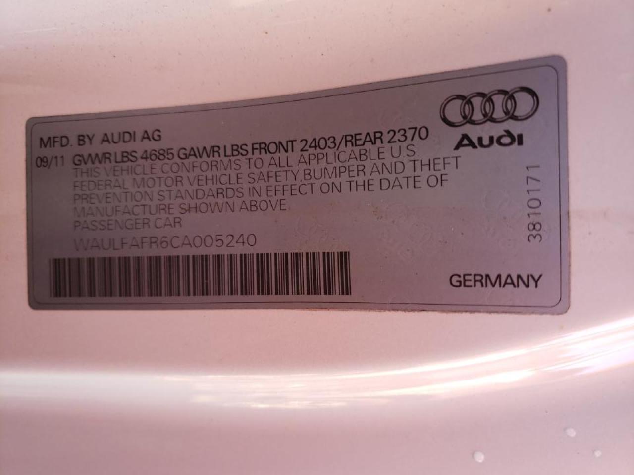Photo 10 from auction – 2012 AUDI A5 PREMIUM with VIN WAULFAFR6CA005240