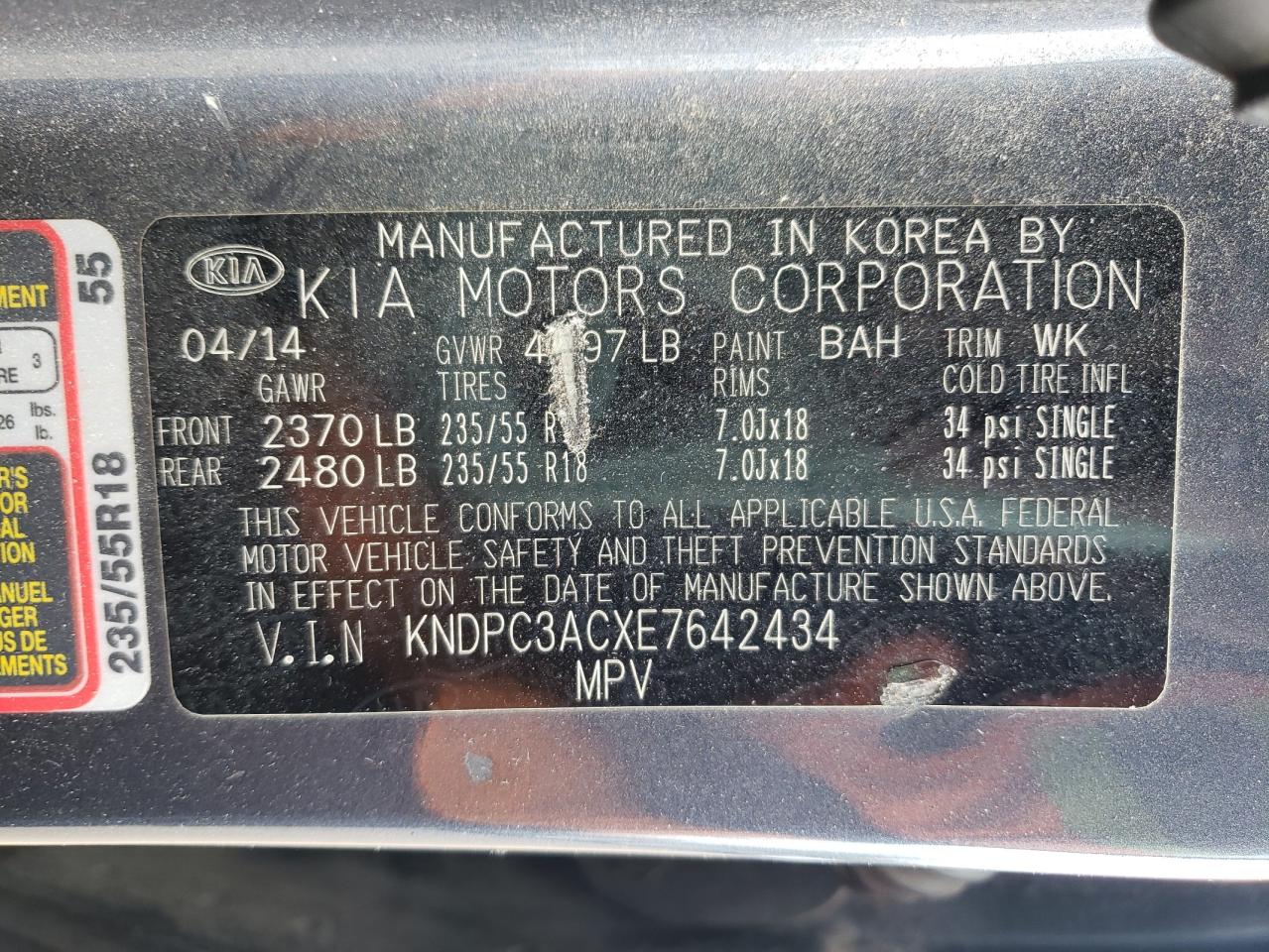 Photo 10 from auction – 2014 KIA SPORTAGE E with VIN KNDPC3ACXE7642434